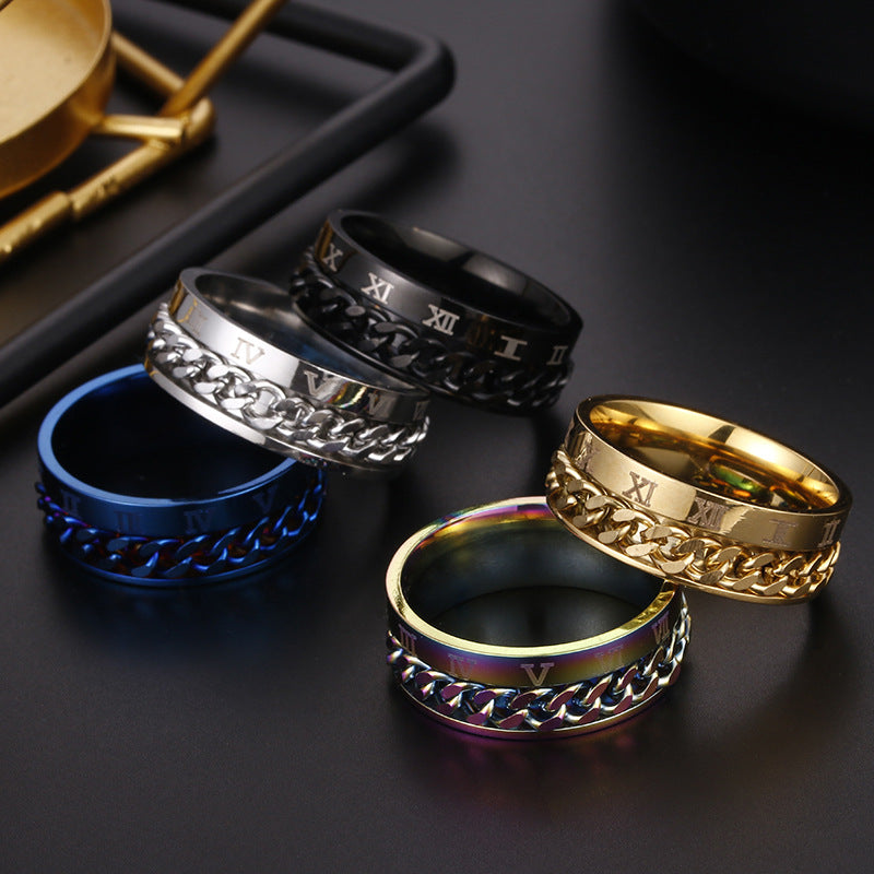 Roman Numeric Spinner Ring-Black-Silver-Blue-Multi Color-Gold