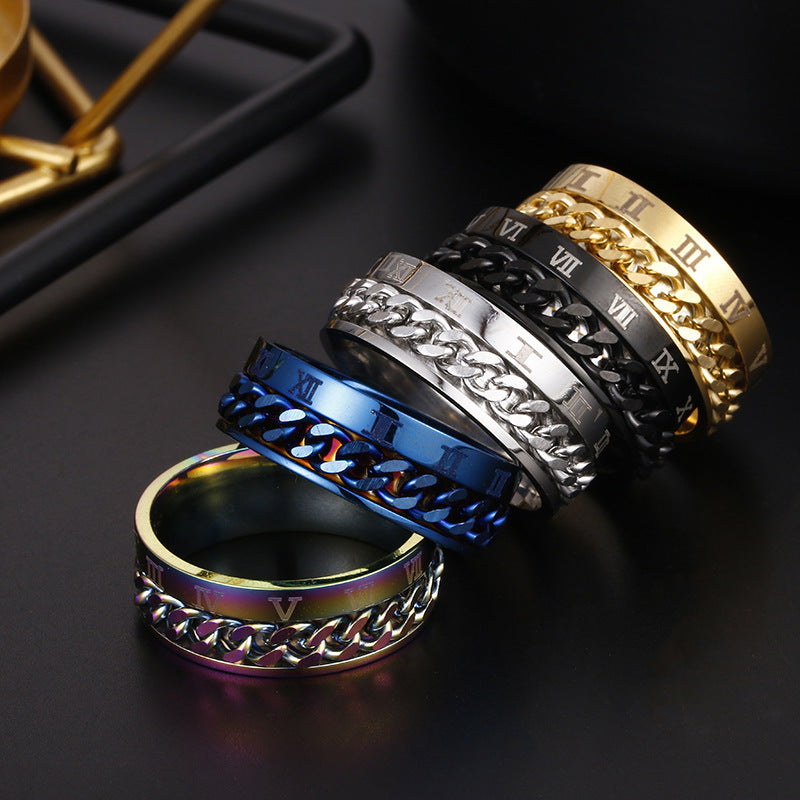 Roman Numeric Spinner Ring-Black-Silver-Blue-Multi Color-Gold