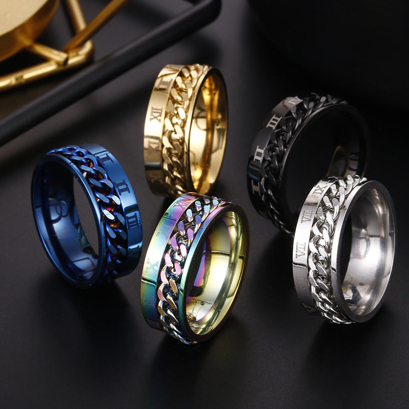 Roman Numeric Spinner Ring-Black-Silver-Blue-Multi Color-Gold