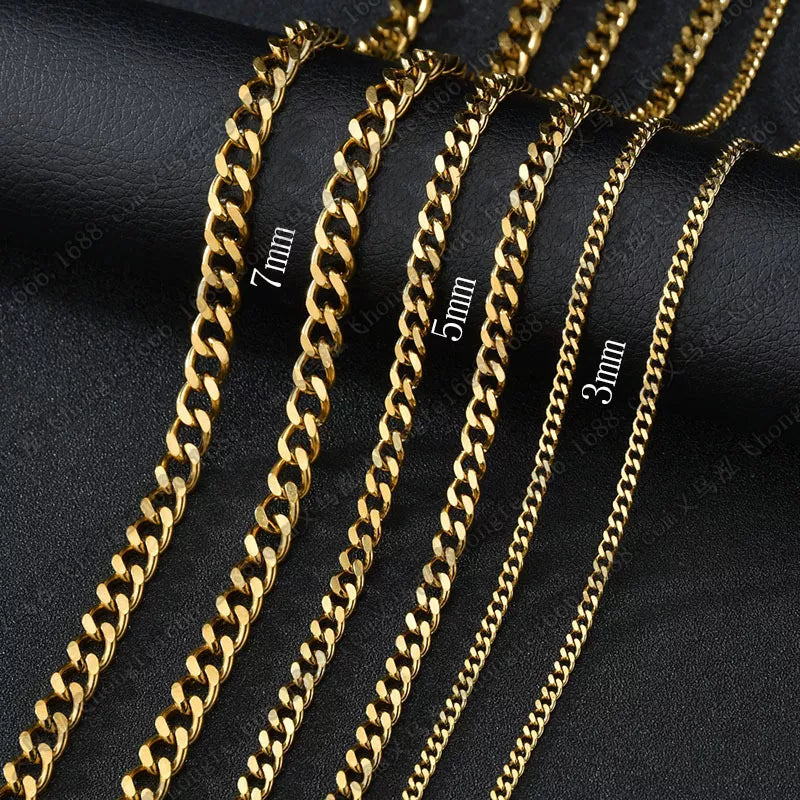 Cuban Chain 3 mm 5 mm 7 mm 9 mm 11 mm Black Silver Gold Sizes 18 cm 20 cm 22 cm 24 cm