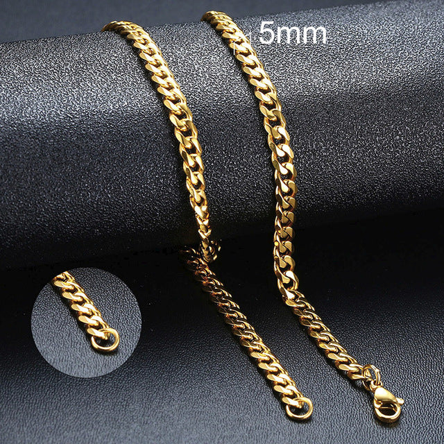 Cuban Chain 3 mm 5 mm 7 mm 9 mm 11 mm Black Silver Gold Sizes 18 cm 20 cm 22 cm 24 cm