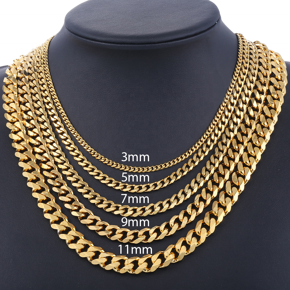 Cuban Chain 3 mm 5 mm 7 mm 9 mm 11 mm Black Silver Gold Sizes 18 cm 20 cm 22 cm 24 cm