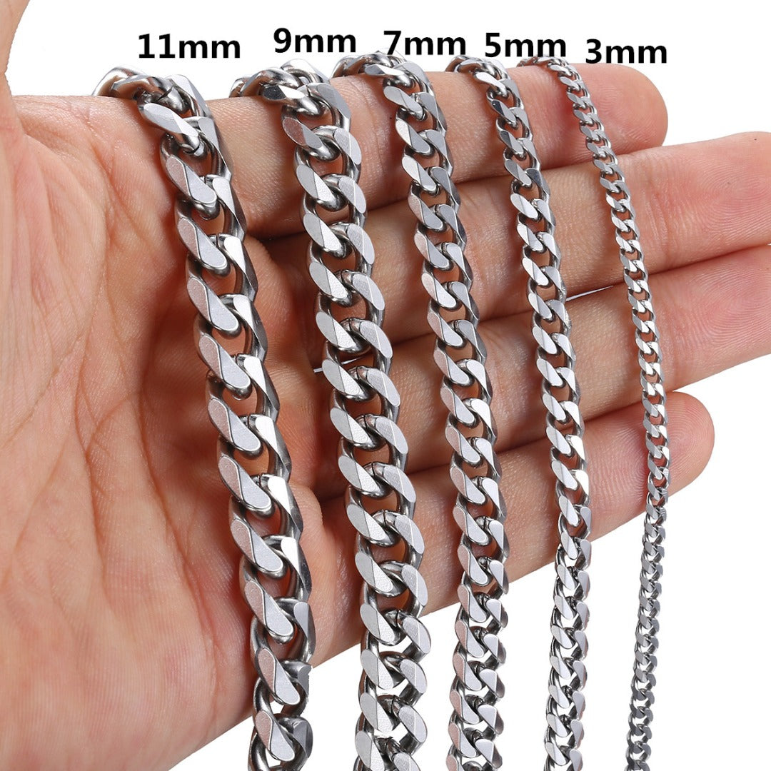 Cuban Chain 3 mm 5 mm 7 mm 9 mm 11 mm Black Silver Gold Sizes 18 cm 20 cm 22 cm 24 cm