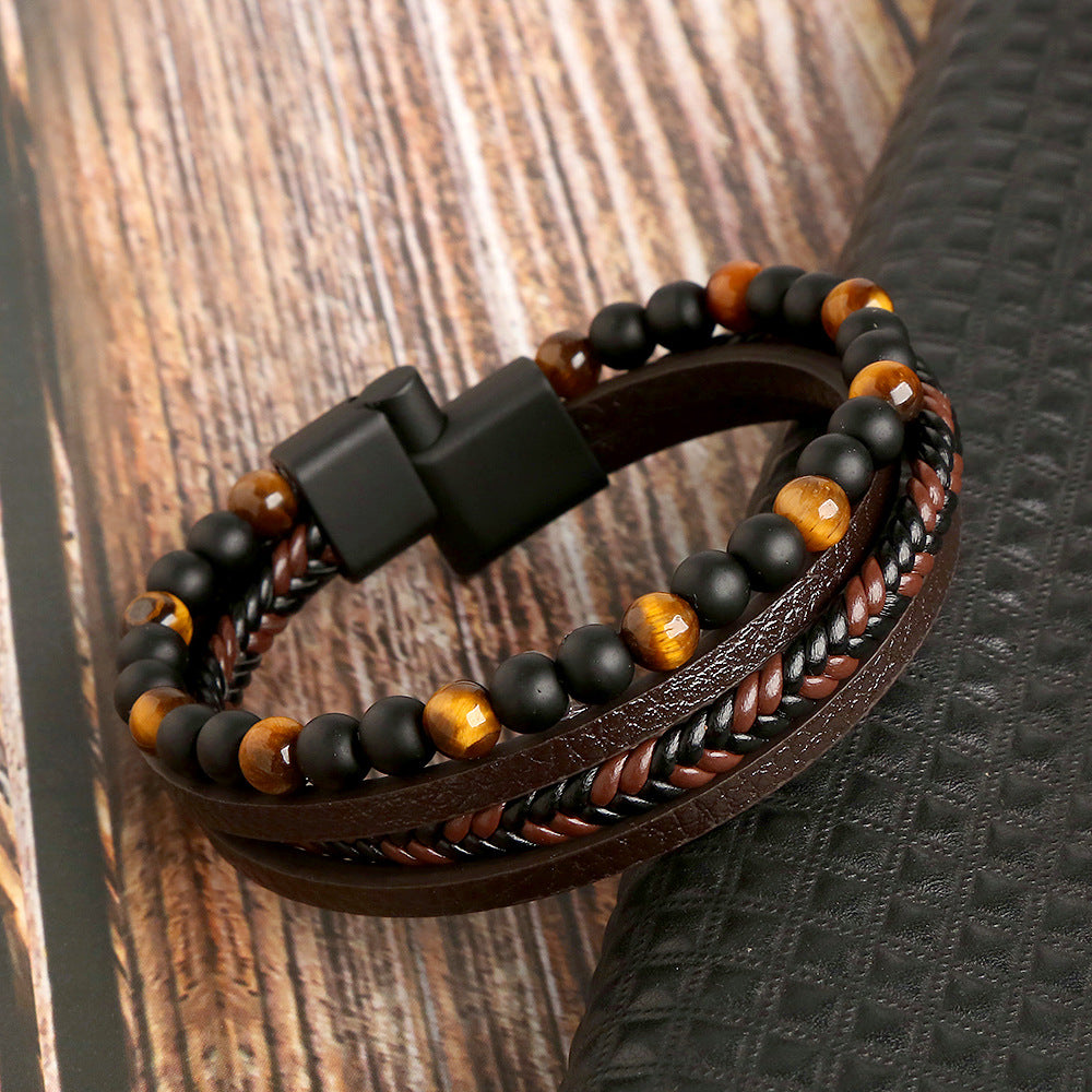 Brown Multi Layer Bead+Leather Bracelet