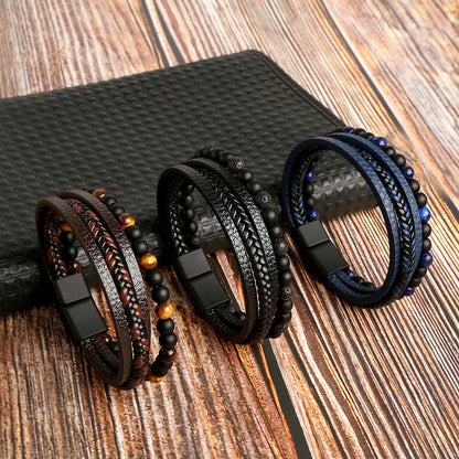 Brown Multi Layer Bead+Leather Bracelet