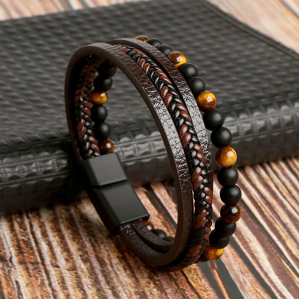 Brown Multi Layer Bead+Leather Bracelet