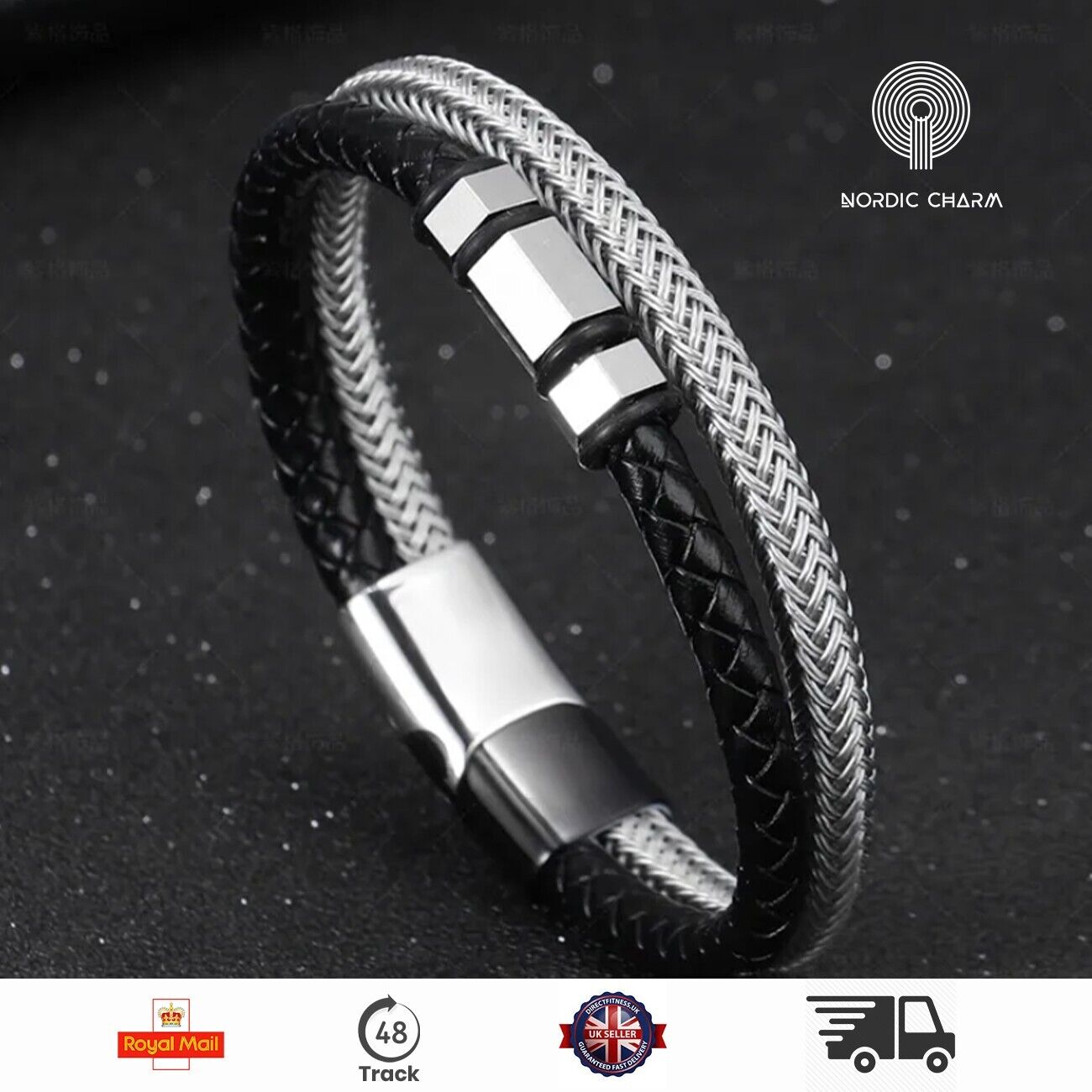 Men's Stainless Steel Leather Bracelet Magnetic Silver Clasp  Wristband black