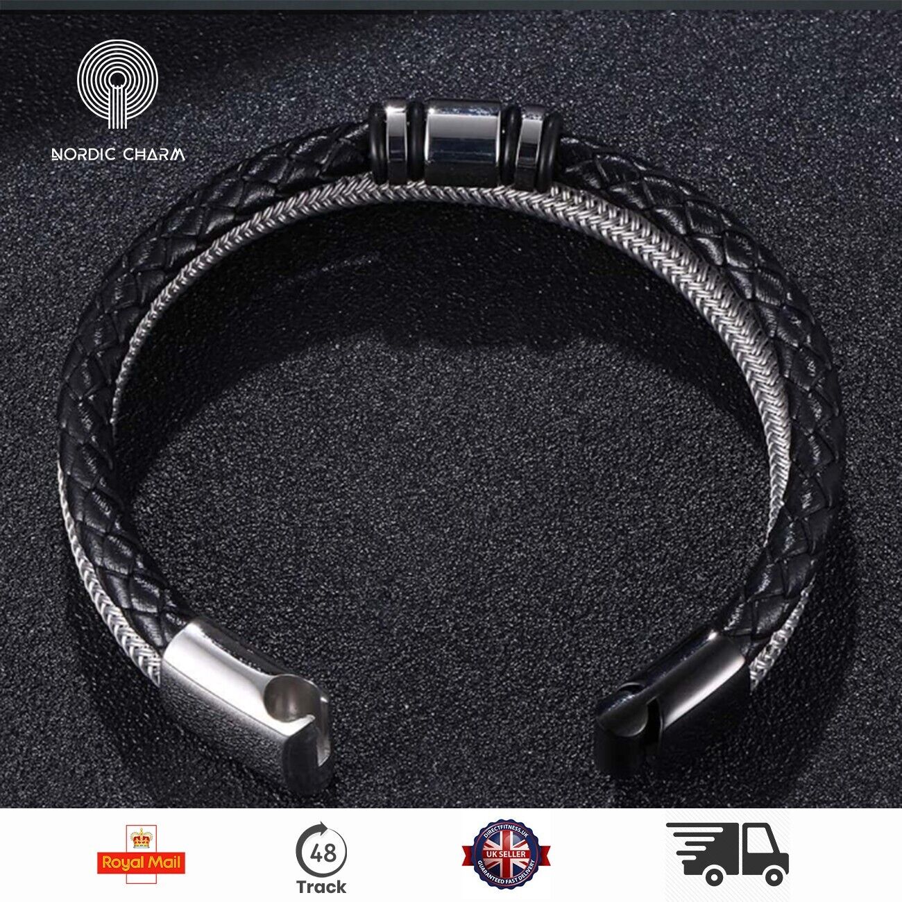 Men's Stainless Steel Leather Bracelet Magnetic Silver Clasp  Wristband black