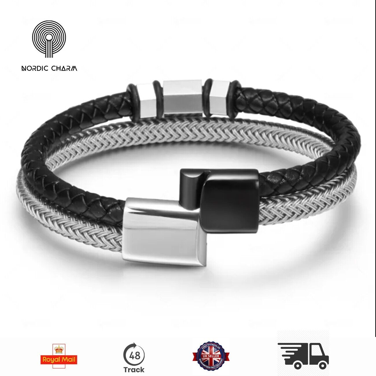 Men's Stainless Steel Leather Bracelet Magnetic Silver Clasp  Wristband black