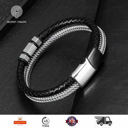 Men's Stainless Steel Leather Bracelet Magnetic Silver Clasp  Wristband black