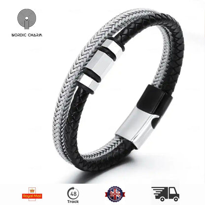 Men's Stainless Steel Leather Bracelet Magnetic Silver Clasp  Wristband black