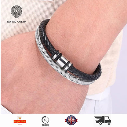 Men's Stainless Steel Leather Bracelet Magnetic Silver Clasp  Wristband black